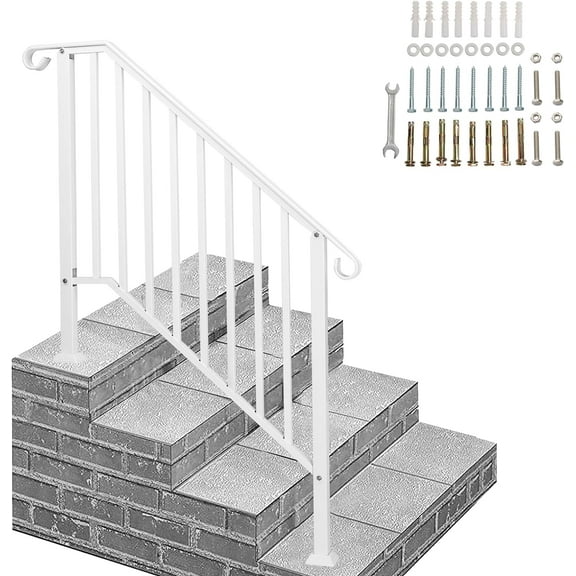Handrails for Outdoor Steps, Stair Handrail Fits 1 to 4 Steps, Wrought Iron Hand Rail Stair Railing Kit for Concrete Steps, Porch Steps (White, 3 to 4 Steps)