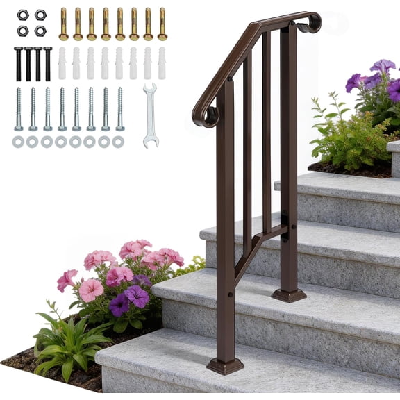 Handrails for Outdoor Steps, Stair Handrail Fits 1 to 5 Steps, Wrought Iron Hand Rail Stair Railing Kit for Concrete/Porch/Wooden Steps (Bronze, 1 to 2 Steps)