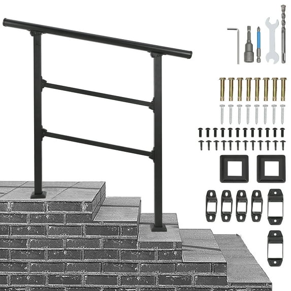 Handrails for Outdoor Steps, Outdoor Stair Railing Fits 2 to 3 Steps, Sturdy Porch Railing with Installation Kit, Black Wrought Iron Hand Railings for Outdoor Steps