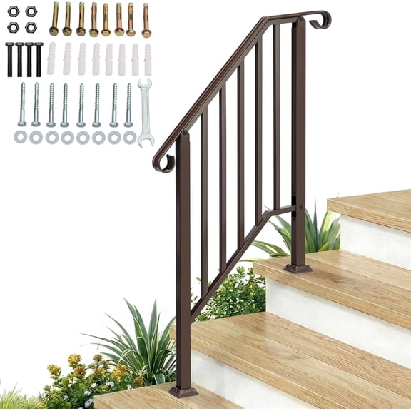 Handrails for Outdoor Steps, Wrought Iron Handrail Fits 2 or 3 Steps, Transitional Handrail with Installation Kit & Waterproof Cover, Stair Railing for Concrete Steps or Wooden Stairs(Brown)
