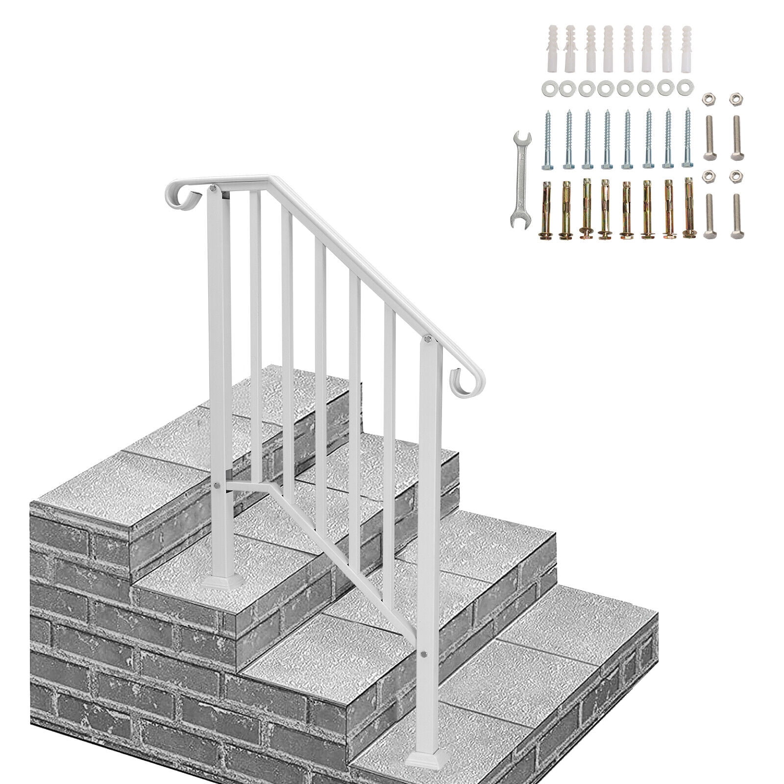 Handrails for Outdoor Steps, Wrought Iron Handrail Fits 2 or 3 Steps, Transitional Handrail with Installation Kit, Stair Railing for Concrete Steps or Wooden Stairs(White)