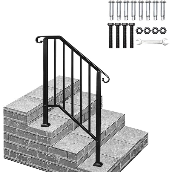 Handrails for Outdoor Steps Fits 2 to 3 Steps, Wrought Iron Stair Railing for Outdoor Porch, All Weather Use Stair Rails on Concrete, Brick Steps