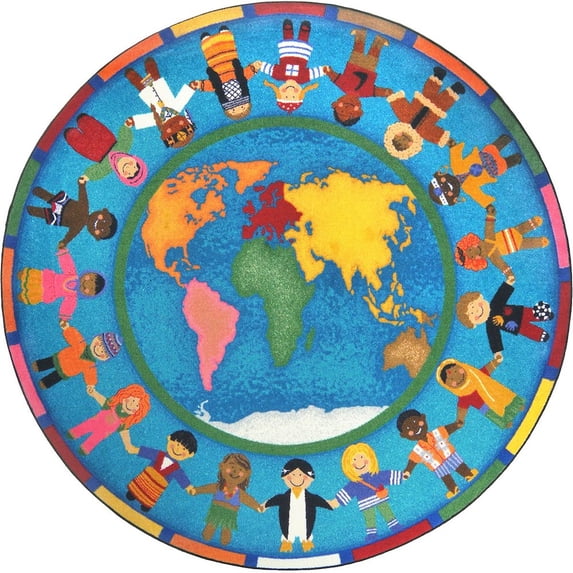 Joy Carpets Kid Essentials Hands Around the World 13'2" Round Area Rug in Color Multi