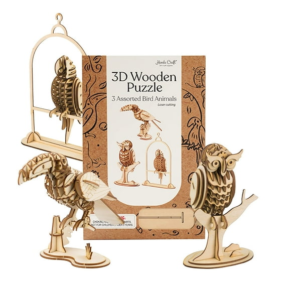 Hands Craft 3D Modern Wooden Puzzle Bundle: Birds Animals 3pc Set TG2B1