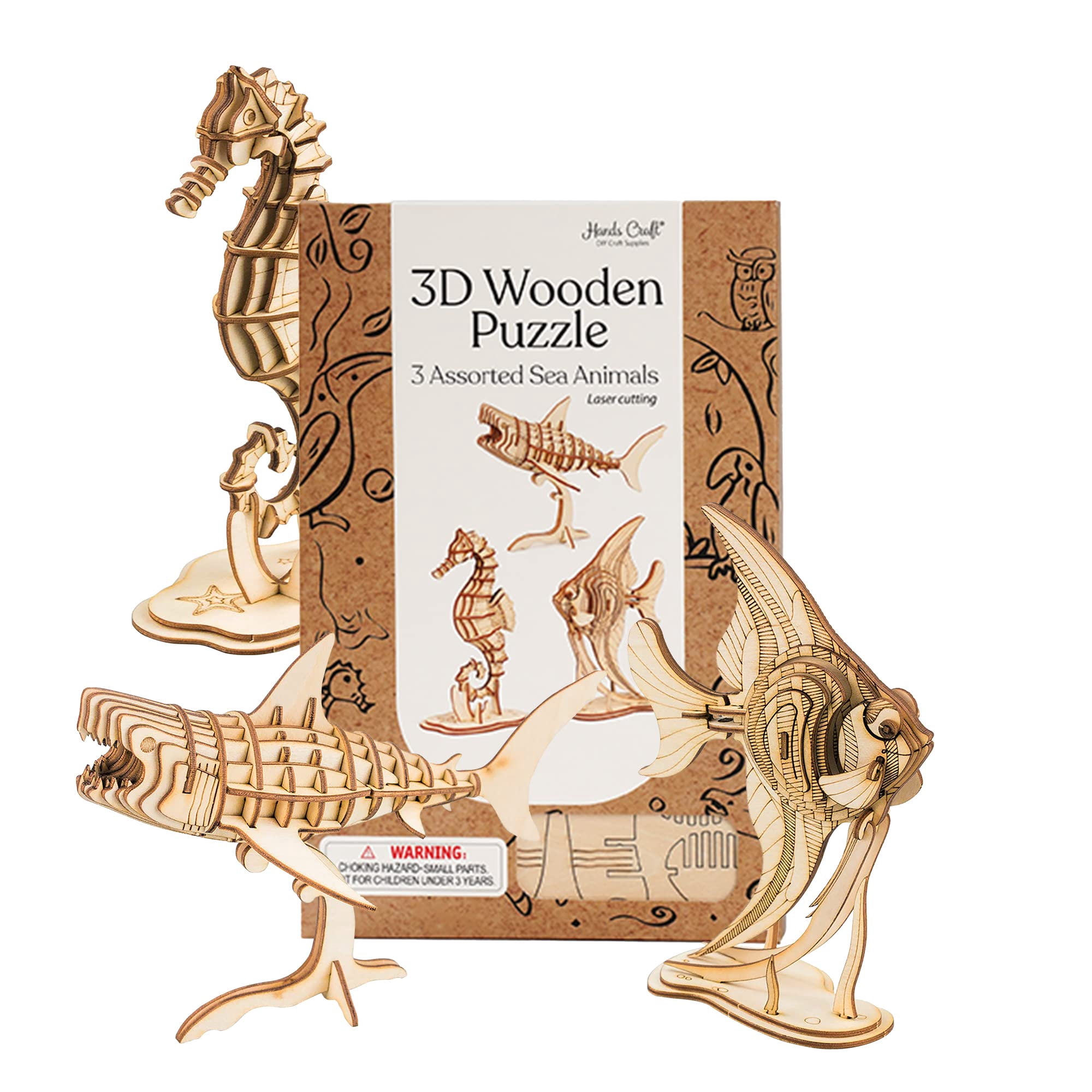 Hands Craft DIY Kids Paint & Create 3D Wooden Puzzle Kit: Sea Animals ...