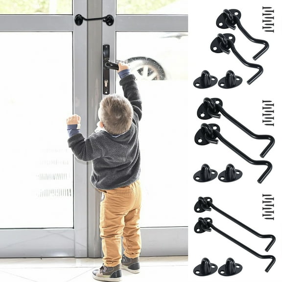 Hands DIY 2Pcs Cabin Hook Stainless Steel Hook and Eye Latch Black Window Lock Hook Door Latch Cabinet Latches Hardware Tool for Door Gate Window Closet Sheld