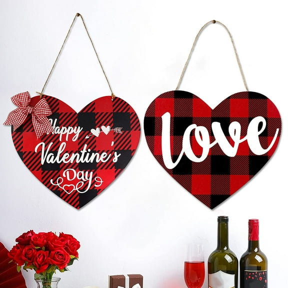 Hands DIY Heart Door Hanging Sign Wooden Love Front Door Decor Non-Fading Heart Shaped Door Decoration Red and Black Plaid Wall Plaque Valentines Day Decorations for Home Store Shop