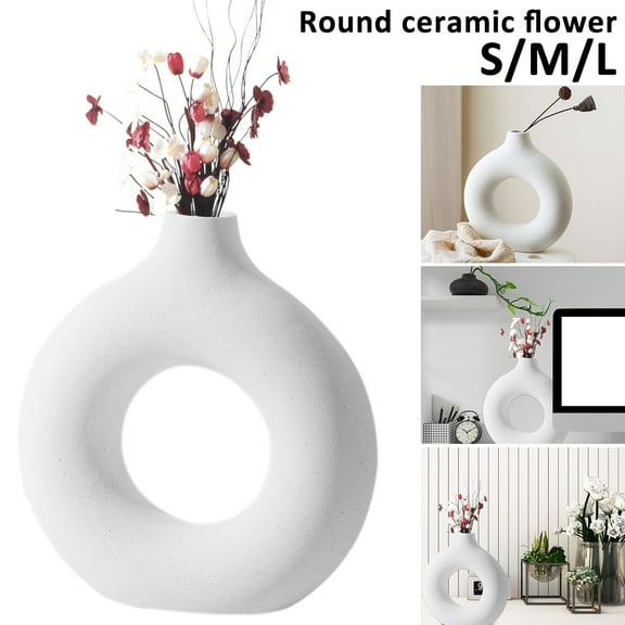 Hands DIY Nordic Ceramic Donut Vase Circular Ceramic Flower Vase with Hollow Design Hand-made Dry Flowers Pot Modern Arts Decoration ​for Living Room Office Home Table (Beige)