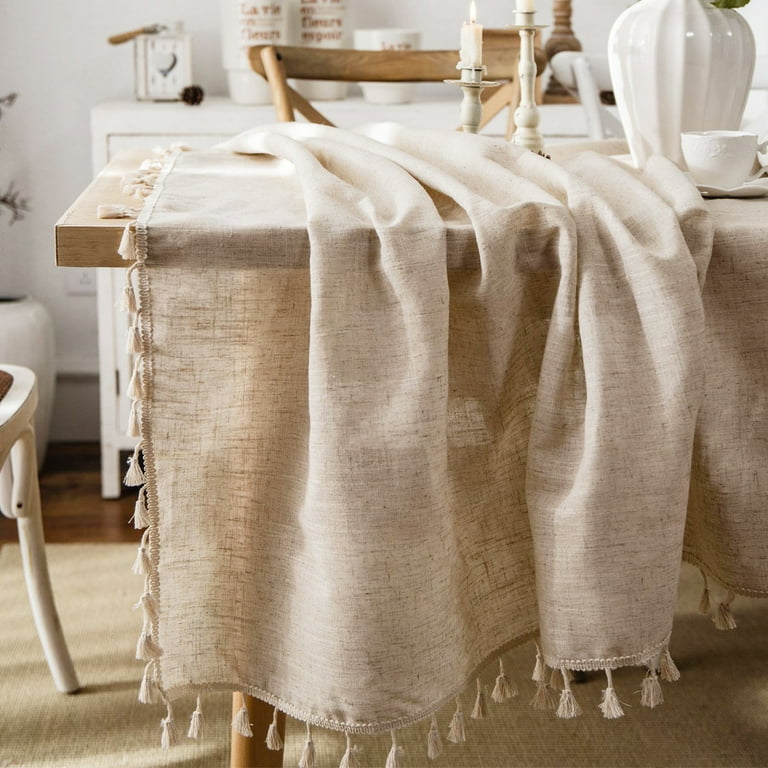 HBlife Burlap Rectangle Tablecloth with Tassel, Cotton Linen Rustic Tablecloths for Rectangle Tables, Farmhouse Table Cloths for Kitchen Dinning Party