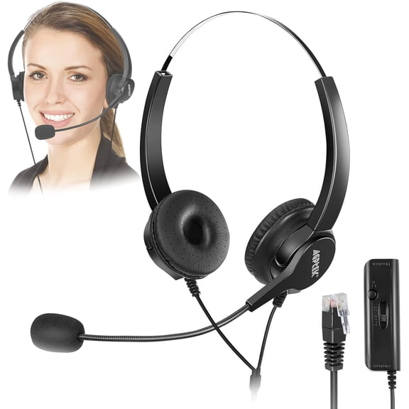 Hands-Free Call Center Noise Caelling Corded Binaural Headset Headphone with 4-Pin RJ9 Crstal Head and Mic Microphone for Desk Phone - Telephone Counselling Services, Insurae, Hospitals