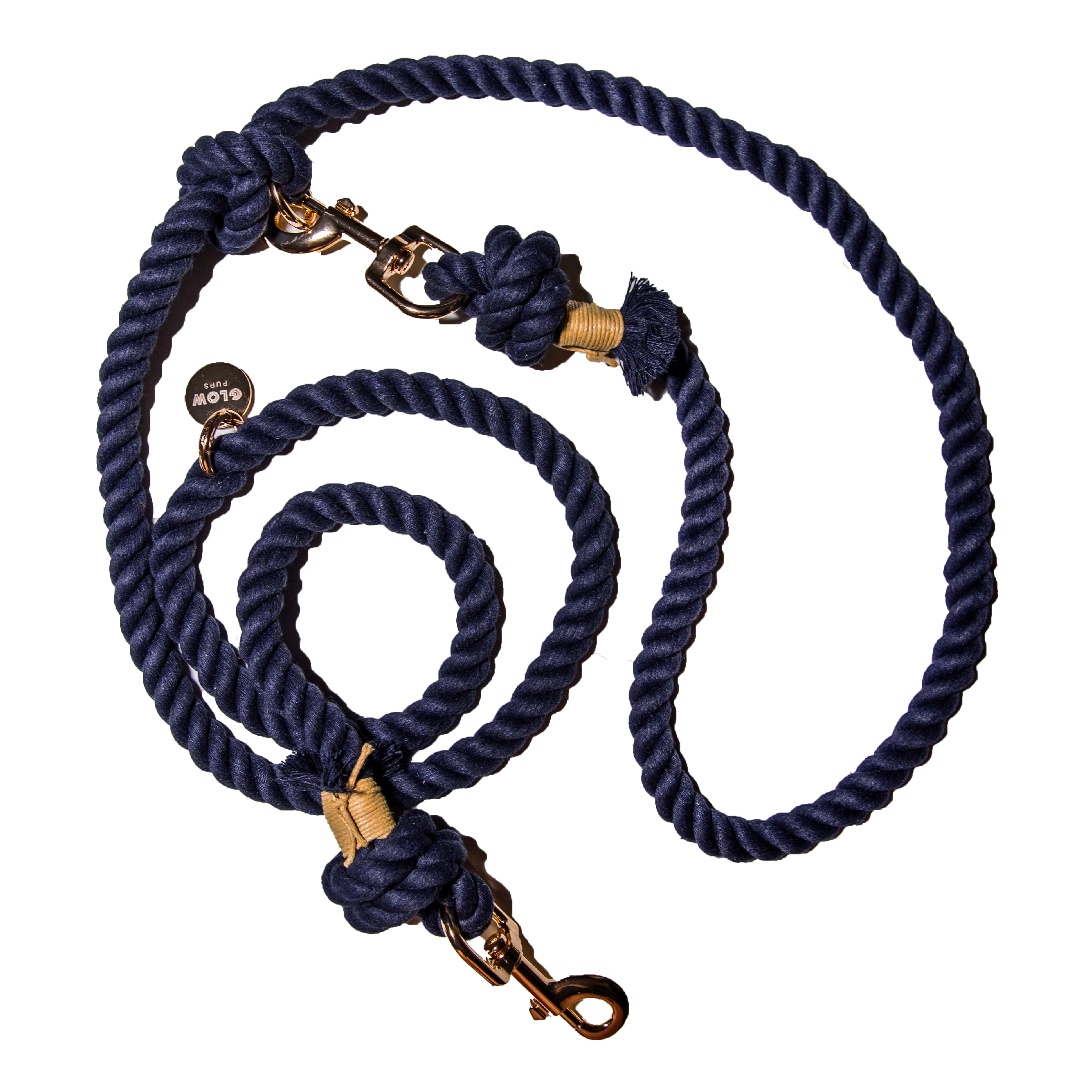 Hands Free Cotton Rope Dog Leash with Gold Hardware, Heavy Duty Training Lead (Navy Blue)