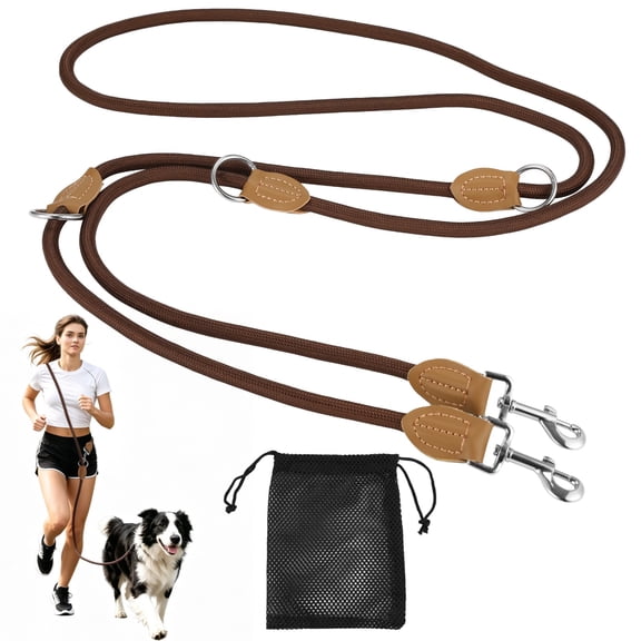 Hands Free Dog Leash, 9.84 ft Adjustable Dual Metal Clip Design, Crossbody Waist Wear, Retractable Pet Lead for Small Medium Large Dogs, Walking Running Training (Dark Brown)