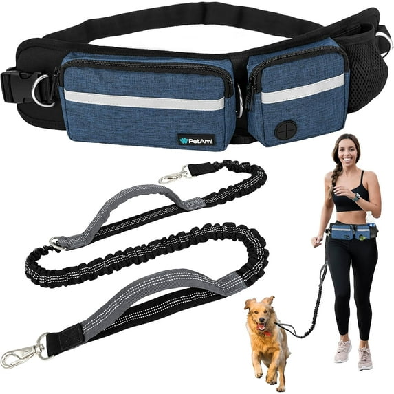 Hands Free Dog Leash, Dog Running Leash Belt Bag for Walking, Jogging, Dog Waist Double Zipper Pouch with Poop Bag Dispenser, Dual Padded Handles Reflective Bungee Leash, Double
