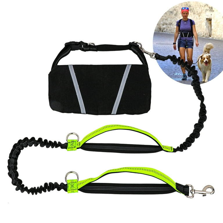 Hands Free Dog Leash for Running Jogging Walking with Zipper Pouch Retractable Bungee Dog Leash Belt with Dual Padded Handles for Large Medium Dogs