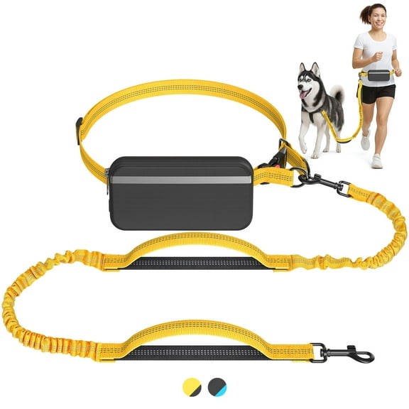 Hands Free Dog Leash for Running Jogging Walking with Zipper Pouch, Retractable Bungee Dog Leash Belt with Dual Padded Handles for Large/Medium Dogs, Adjustable Reflective Waist Belt