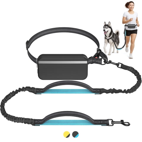 LAKWAR Hands Free Dog Leash for Running Jogging Walking with Zipper Pouch, Retractable Bungee Pet Leash Belt with Dual Padded Handles for Large Medium Dogs, Adjustable Reflective Waist Belt