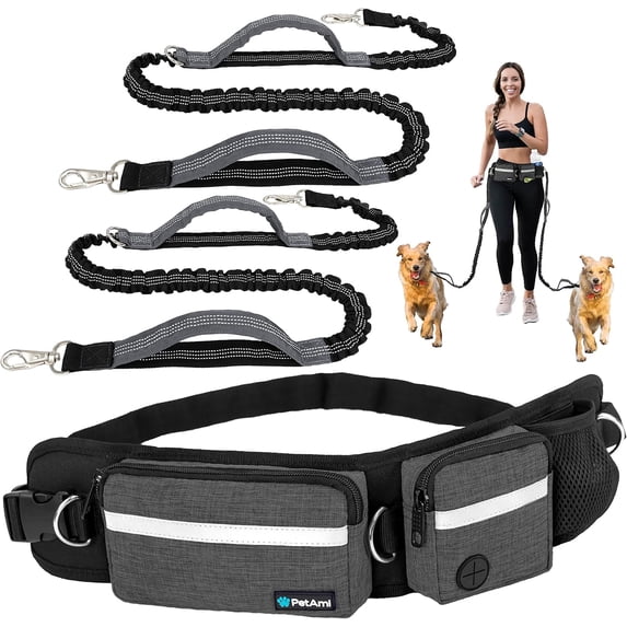 Hands Free Dog Leash, Dog Running Leash Belt Bag for Walking, Jogging, Dog Waist Double Zipper Pouch with Poop Bag Dispenser, Dual Padded Handles Reflective Bungee Leash, Double