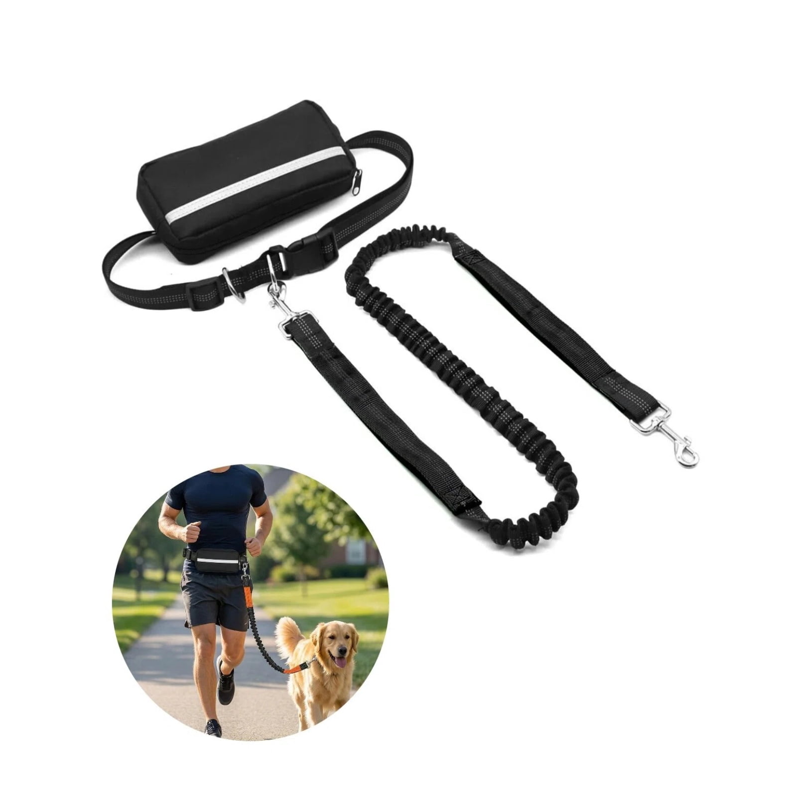 Hands Free Dog Leash with Waist Belt & Large Zipper Pouch, Waist Leash for Dog Walking, Running & Hiking, Reflective Stitching & Dual Padded Handles, Ideal for Medium to Large Dogs