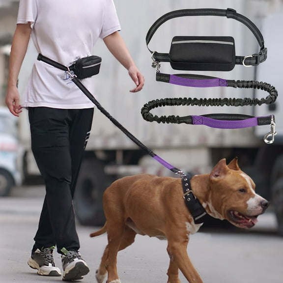 Hands Free Dog Leash, Waist Running Leash with Zipper, Walking Pouch for Medium Large Dogs, Dual Handle and Retractable Bungee for Training Jogging Hiking(Purple)