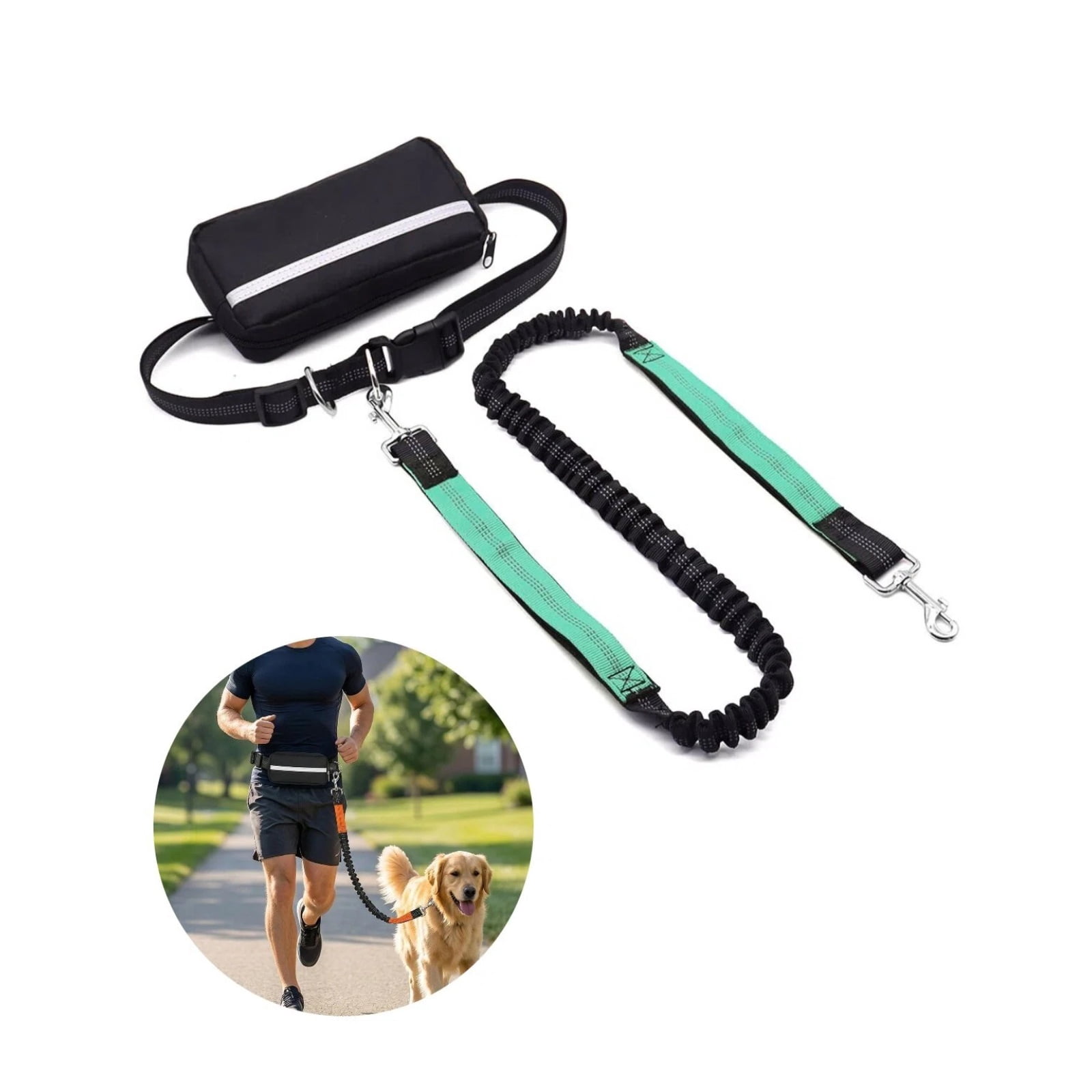 Hands Free Dog Leash, Waist Running Leash with Zipper, Walking Pouch for Medium Large Dogs, Dual Handle and Retractable Bungee for Training Jogging Hiking