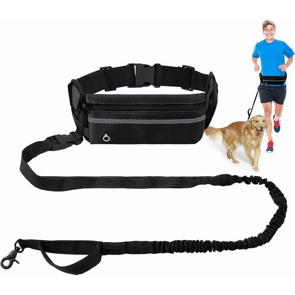 Hands Free Dog Leash - Waist Running Leashes with Zipper Pouch, Adjustable Reflective Waist Belt, Dualc Handle Retractable Bungee for Small Medium Large Dogs Walking Jogging (Black 4.1-7.2ft)