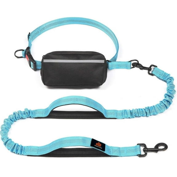 Hands Free Dog Leash with Waist Zipper Pouch, Dual Padded Handles and Dual Bungee Shockabsorbing Leash with Safety Reflective Strip for Walking, Jogging and Running Your Dog (Blue)