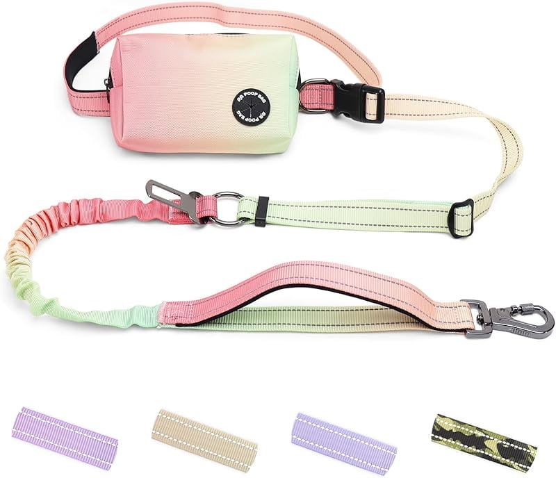 Hands Free Dog Leash with Zipper Pouch, 6-9ft Bungee Waist Leash for Medium Large Dogs Walking, Running Lead with Dual Padded Handles Car Safety Buckle for Training Jogging