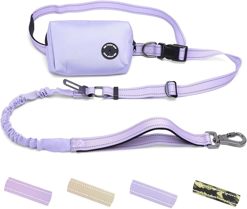 Hands Free Dog Leash with Zipper Pouch, 6-9ft Bungee Waist Leash for Medium Large Dogs Walking, Running Lead with Dual Padded Handles Car Safety Buckle for Training Jogging