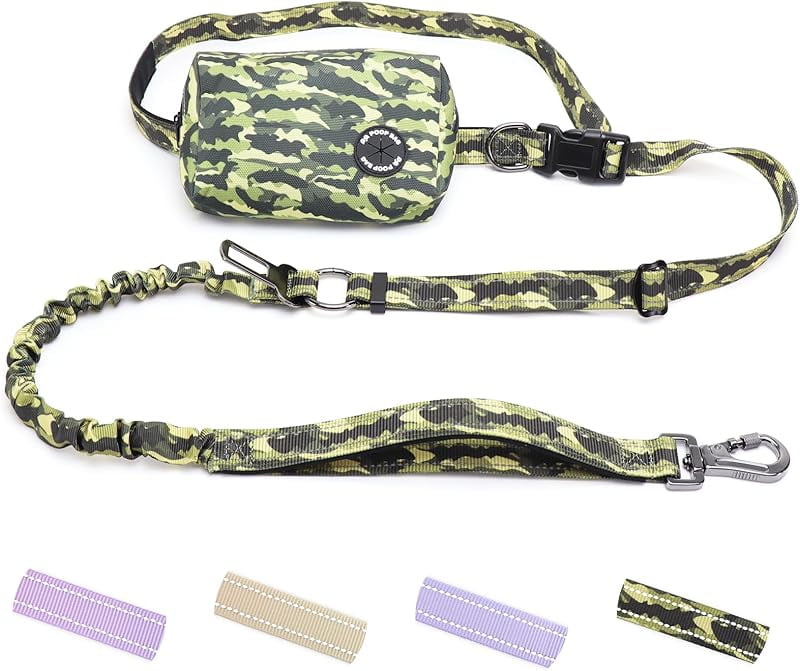 Hands Free Dog Leash with Zipper Pouch, 6-9ft Bungee Waist Leash for Medium Large Dogs Walking, Running Lead with Dual Padded Handles Car Safety Buckle for Training Jogging