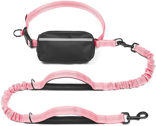 Hands Free Dog Leash with Zipper Pouch, Dual Padded Handles and Durable Bungee for Walking, Jogging and Running Your Dog (Baby Pink, 8-25 lbs, Medium)