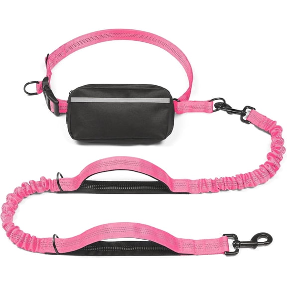 Hands Free Dog Leash with Zipper Pouch, Dual Padded Handles and Durable Bungee for Walking, Jogging and Running, Large Size for Dogs 25-120 lbs, Adjustable Pink Dog Running Belt