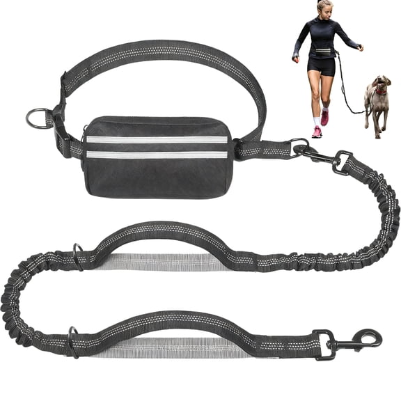 Hands Free Dog Leash with Zipper Waist Bag – Adjustable Reflective Running Dog Leash with Dual Shock-Absorbing Bungee, 2 Handles Control, Fits Medium & Large Dogs (Gray / Light Blue)