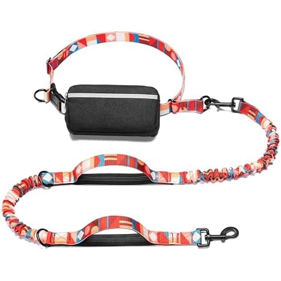 Hands Free Dog Leash with Zipper Pouch, Dual Padded Handles and Durable Bungee for Walking, Jogging and Running Your Dog (Colorful Geometric, Large)