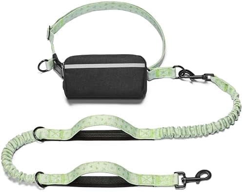 Hands Free Dog Leash with Zipper Pouch, Dual Padded Handles and Durable Bungee for Walking, Jogging and Running Your Dog (Green Heart, Large)