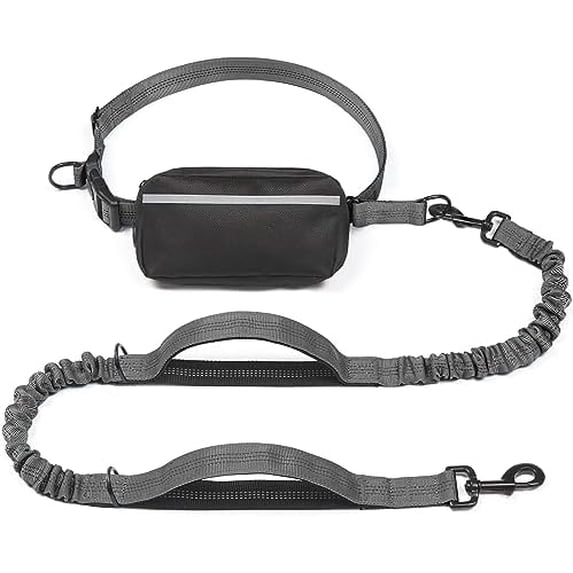 Hands Free Dog Leash with Zipper Pouch, Dual Padded Handles and Durable Bungee for Walking, Jogging and Running Your Dog (Large, 25-120 lbs, Grey)