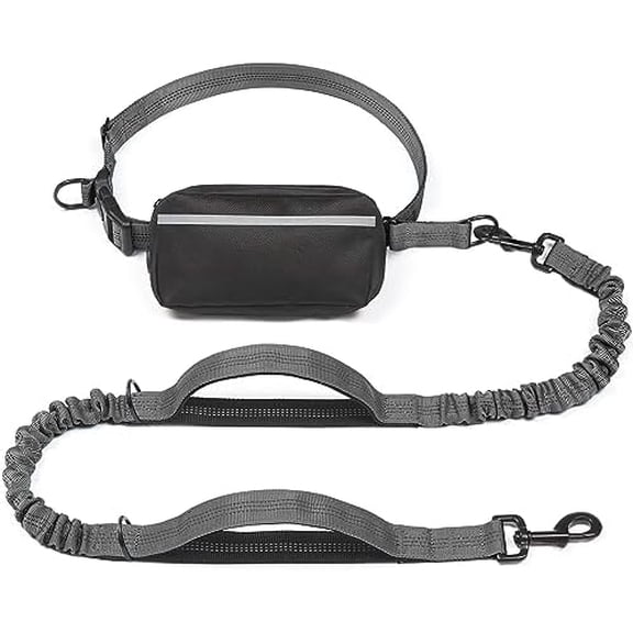 Hands Free Dog Leash with Zipper Pouch, Dual Padded Handles and Durable Bungee for Walking, Jogging and Running Your Dog (Large, 25-120 lbs, Grey)