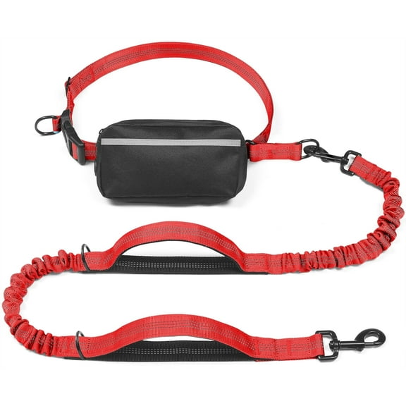 Hands Free Dog Leash with Zipper Pouch, Dual Padded Handles and Durable Bungee for Walking, Jogging and Running Your Dog (Large, 25-120 lbs, Red)