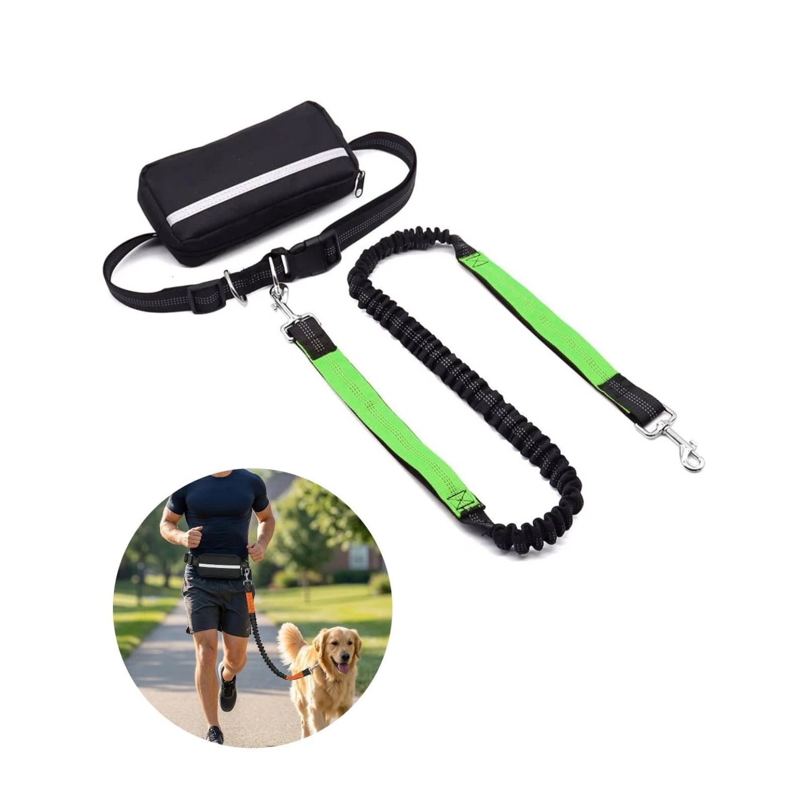 Hands Free Dog Leash with Zipper Pouch, Dual Padded Handles and Durable Bungee for Walking, Jogging and Running