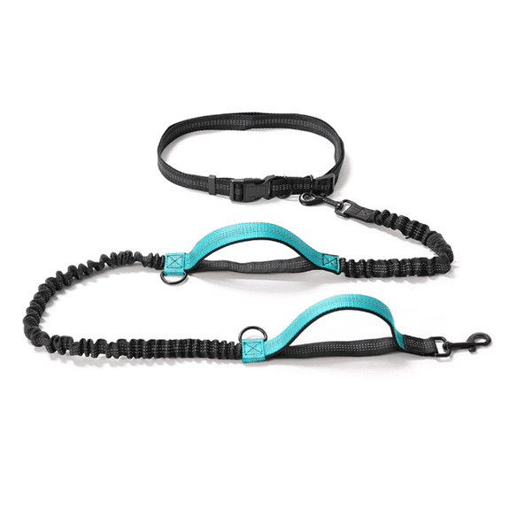 Hands Free Dog Running Lead with Adjustable Waist Belt, Dual Handle Elastic Bungees Retractable Rope for Medium and Large Dogs, Reflective Stitches for Walking Hiking Biking(blue）