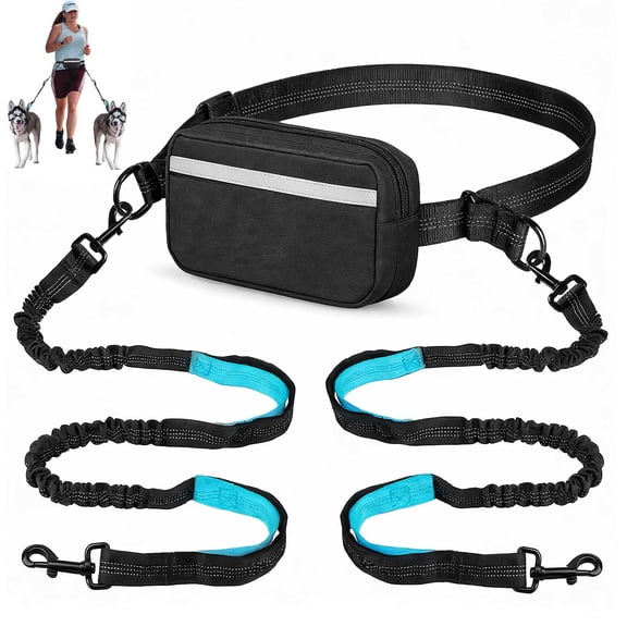 Hands Free Dog Running Leash for 2 Dogs, TSV Dual Handle Elastic Bungees with Adjustable Waist Leash & Reflective Stitches for Medium Large Dogs Walking, Running
