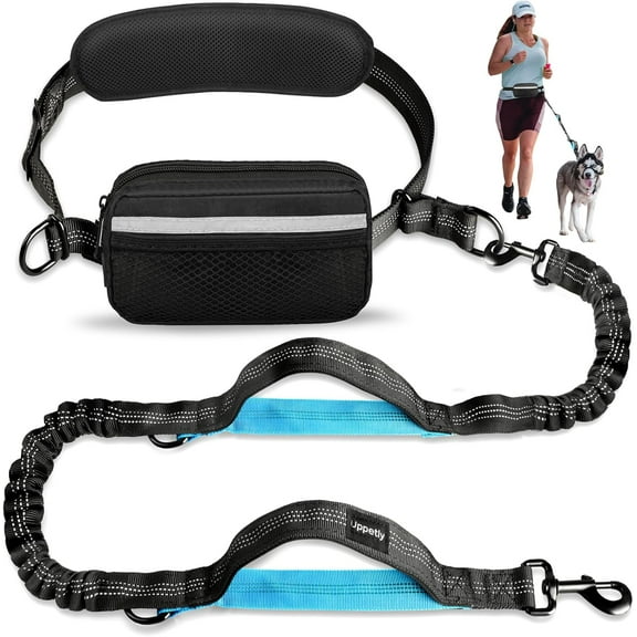 Hands Free Dog Running Leash with Zipper Pouch, Dual Handle, Elastic Bungees Retractable Rope for Medium and Large Dogs, Waist Bag Pack Carry Phones for Walking Hiking Biking (Large, 25-120lb)