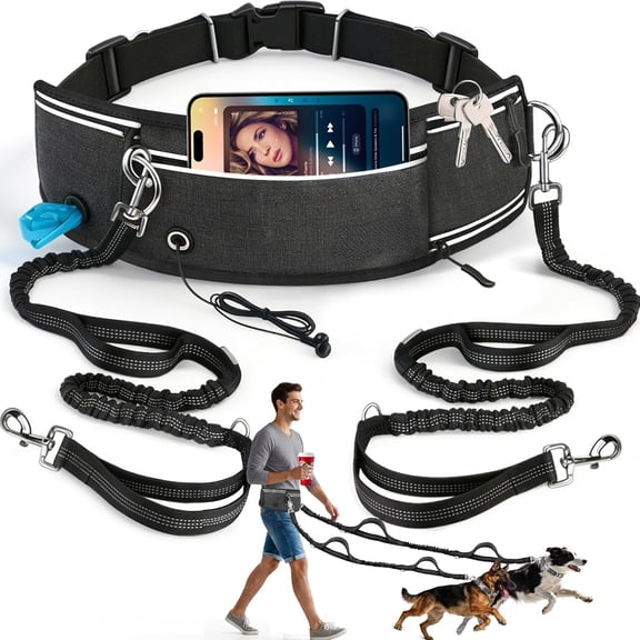 Hands Free Double Dog Leash for Two Dogs,240LB Heavy Duty Retractable with Partitioned Pouch Adjustable Waist for Walking Running Jogging Hiking Biking Training for Medium/Large(Not for<25LBS)