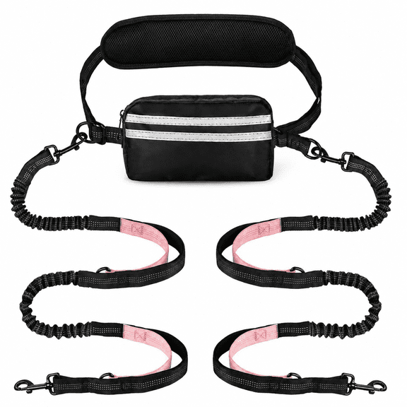 Hands Free Double Dog Running Leash Kit, Shock Absorb Bungee Traction Rope with Storage Waist Pack, Dual Padded Handles for Medium Large Dogs Jogging Walking