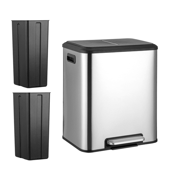 Hands-Free Dual Compartment 8-Gallon Trash Can – Brushed Stainless Steel, Soft-Close Lid, 2 Removable Buckets & Foot Pedal – Perfect for Kitchen, Office & Bathroom Recycling