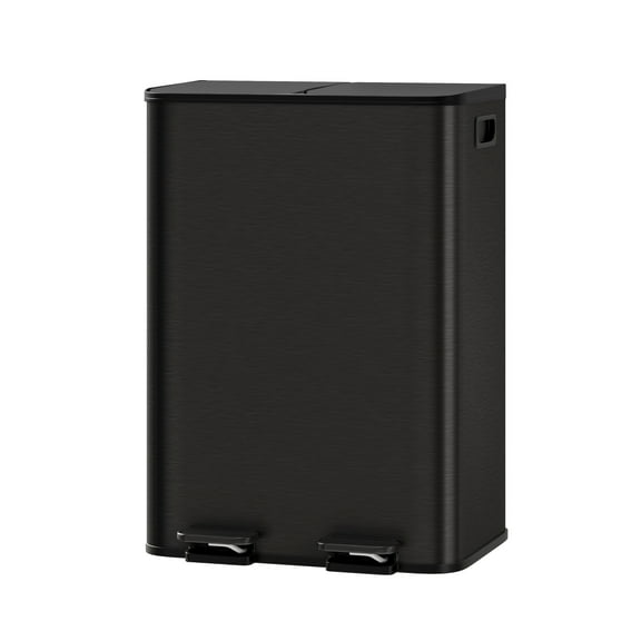 Hands-Free Dual Compartment Kitchen Trash Can – 2 x 8 Gal Stainless Steel Step-On Bin Combo with Soft-Close, Liner Rim, Removable Buckets – Matte Black, 2*30L