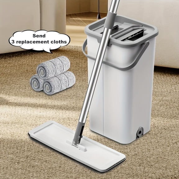 Hands-Free Flat Dust Mop and Bucket Set, Wet & Dry Cleaning, Durable Household Floor Mop with 3 Replacement Heads, Ideal for Bedroom, Kitchen, Living Room & Bathroom
