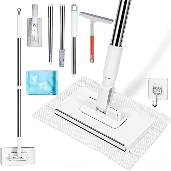 Hands-Free Flat Mop, Multi-Purpose Floor Cleaning Mop with One-Click Cloth Attachment, Reusable Cloth Clip Mop for Home Cleaning