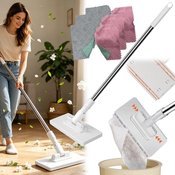 Hands Free Flat Mop with Reusable Cloths,Multi-Purpose Lazy Mop with One-Click Cloth Attachment,Snap Grip Mini Mop for Dry Wet Cleaning, for Washbasin, Kitchen, Floor, Wall