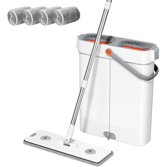 Hands-Free Flat Mop System with Wringer, Wet and Dry Use, Separate Wash & Wring Zone, 4 Reusable Microfiber Pads, Fits Narrow Spaces
