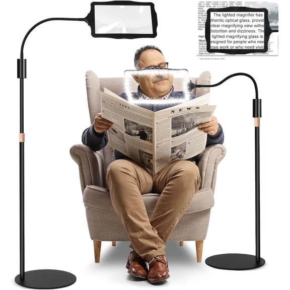 Hands-Free Floor Magnifying Glass with Light and Stand, Rechargeable LED Magnifying Lamp with 3 Color Modes and Flexible Gooseneck for Reading, Crafts and Close Work